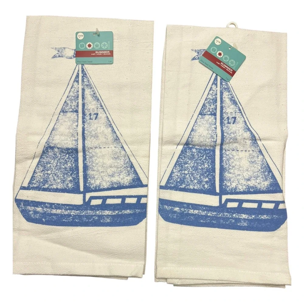 Jo-Ann Summer Flour Sack Towel Set of 2 White Blue Sailboat New NWT Coastal‎